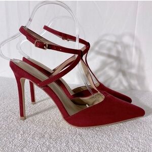 5/$25 Dynamite Red Pointed Toe T Strap Sling Back Skinny Heels 38